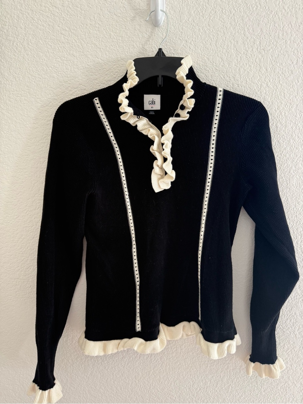 CAbi Black Sweater with Cream Ruffle Trim